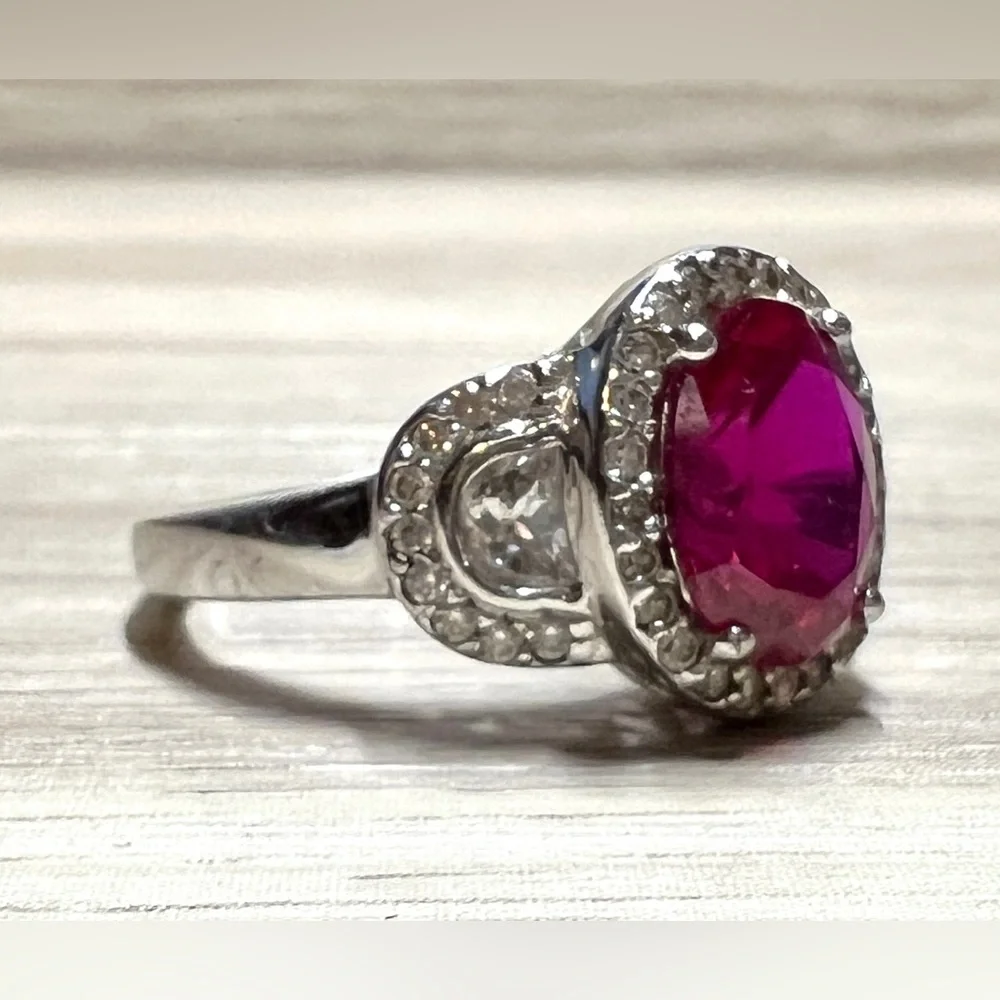 Designer Signed FE Sterling Silver Red & Clear Cubic Zirconia Halo Ring, Size 7 - Picture 5 of 11